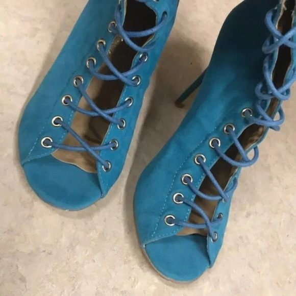 ShuEsq Turquoise Thigh High Lace Up Peep - Picture 5 of 11